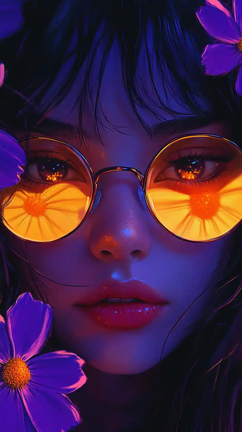 Manga girl with purple flowers and glowing orange glasses