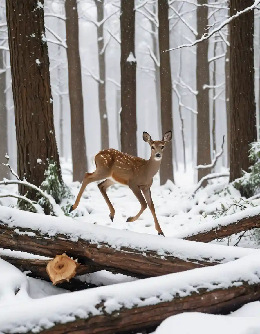 Doe leaping over snowy log in winter forest