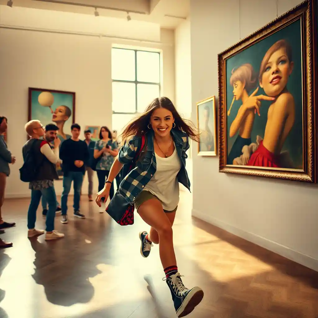 Playful young woman rushing through a sunlit art gallery