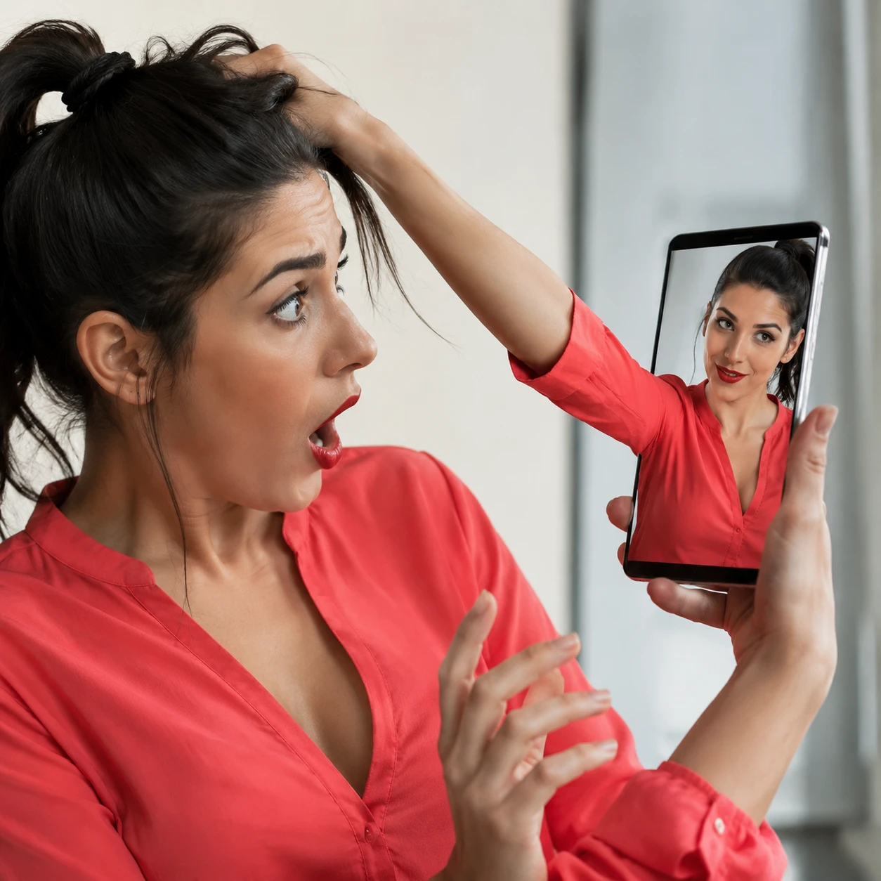Donna che fissa il telefono mentre il suo riflesso le afferra i capelli