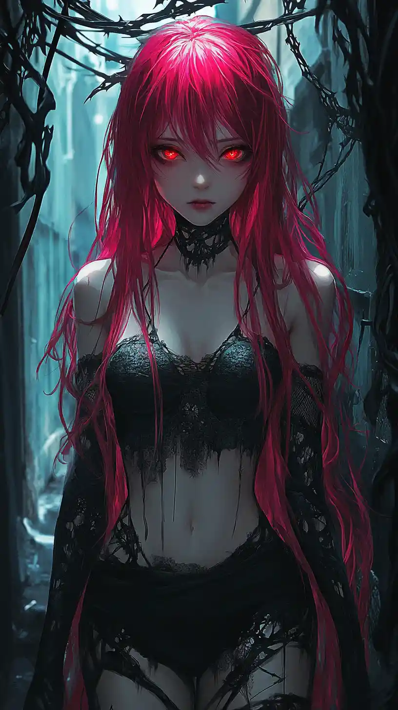 Anime girl with magenta hair in a gothic alley