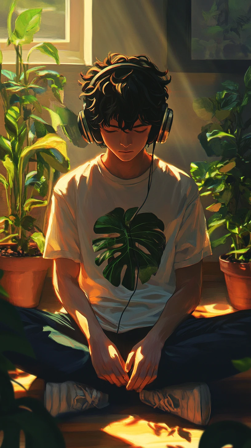 Young man with headphones in a moody indoor illustration