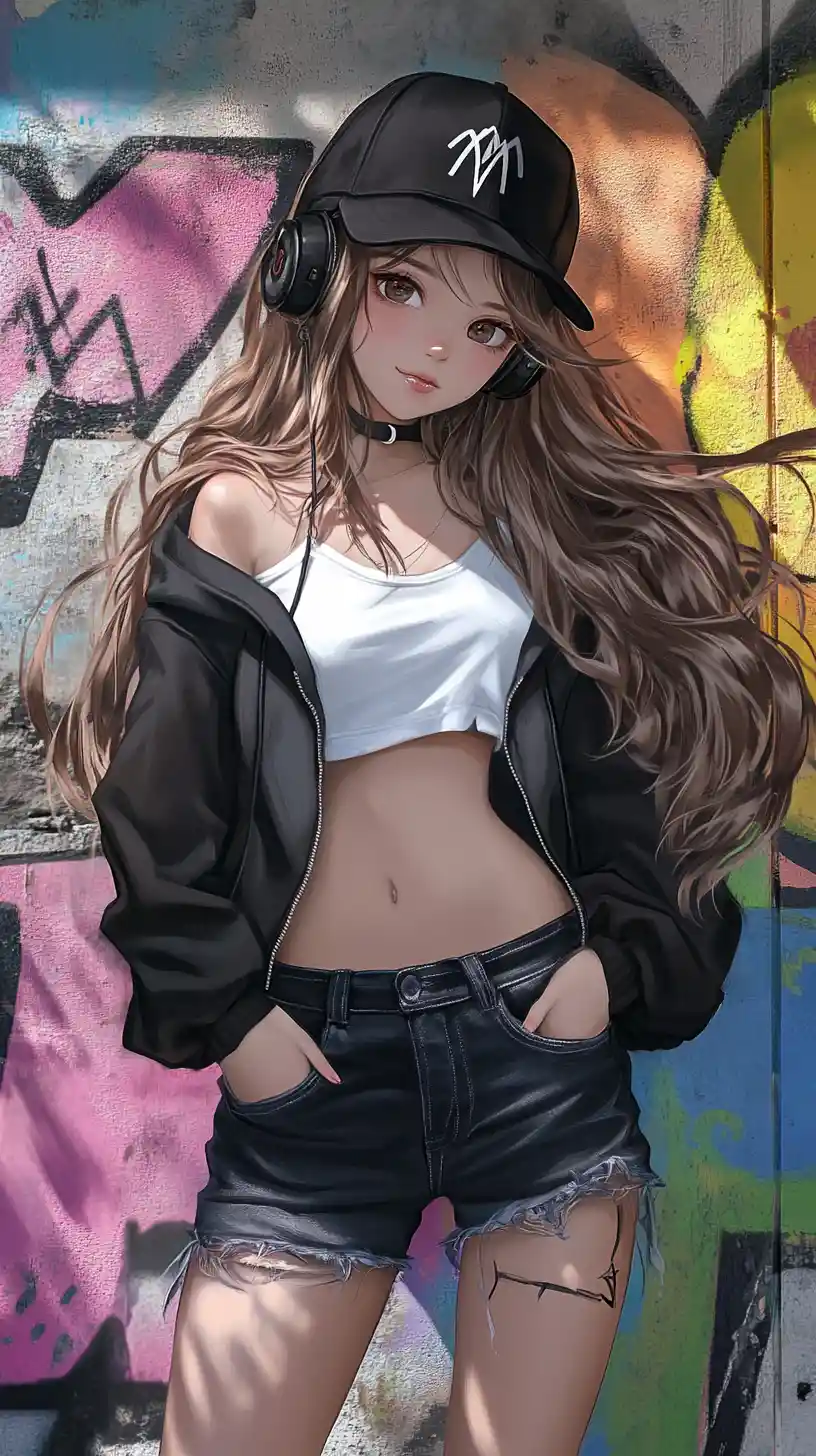 Playful anime girl in streetwear before colorful graffiti wall