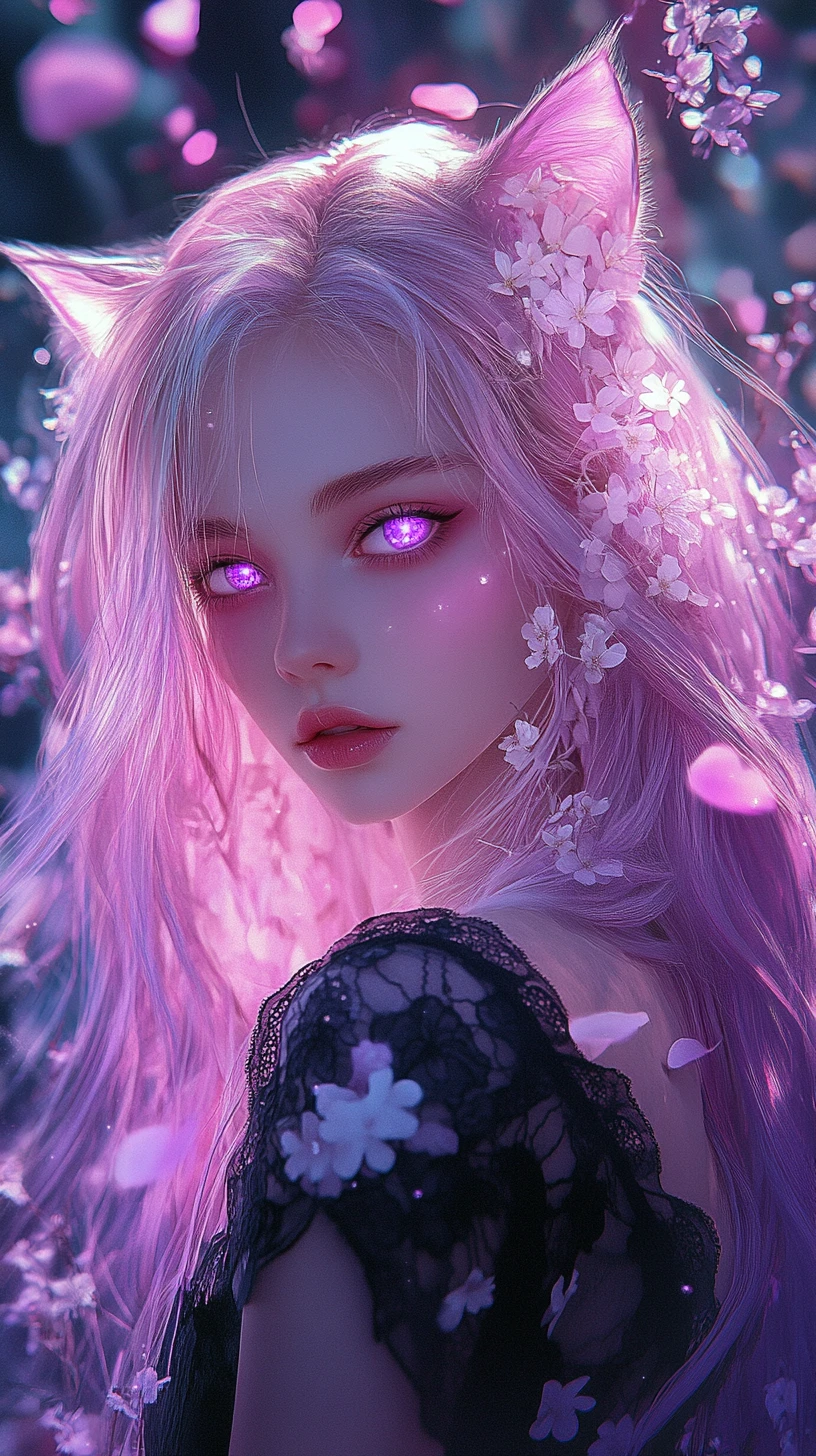 마법 꽃잎 속 빛나는 분홍 머리의 애니메이션 소녀
