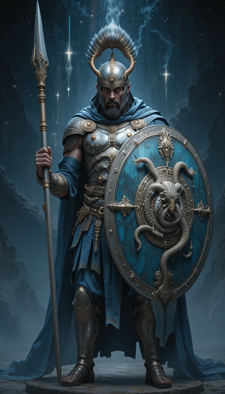 Armored warrior fastening greaves and preparing for battle