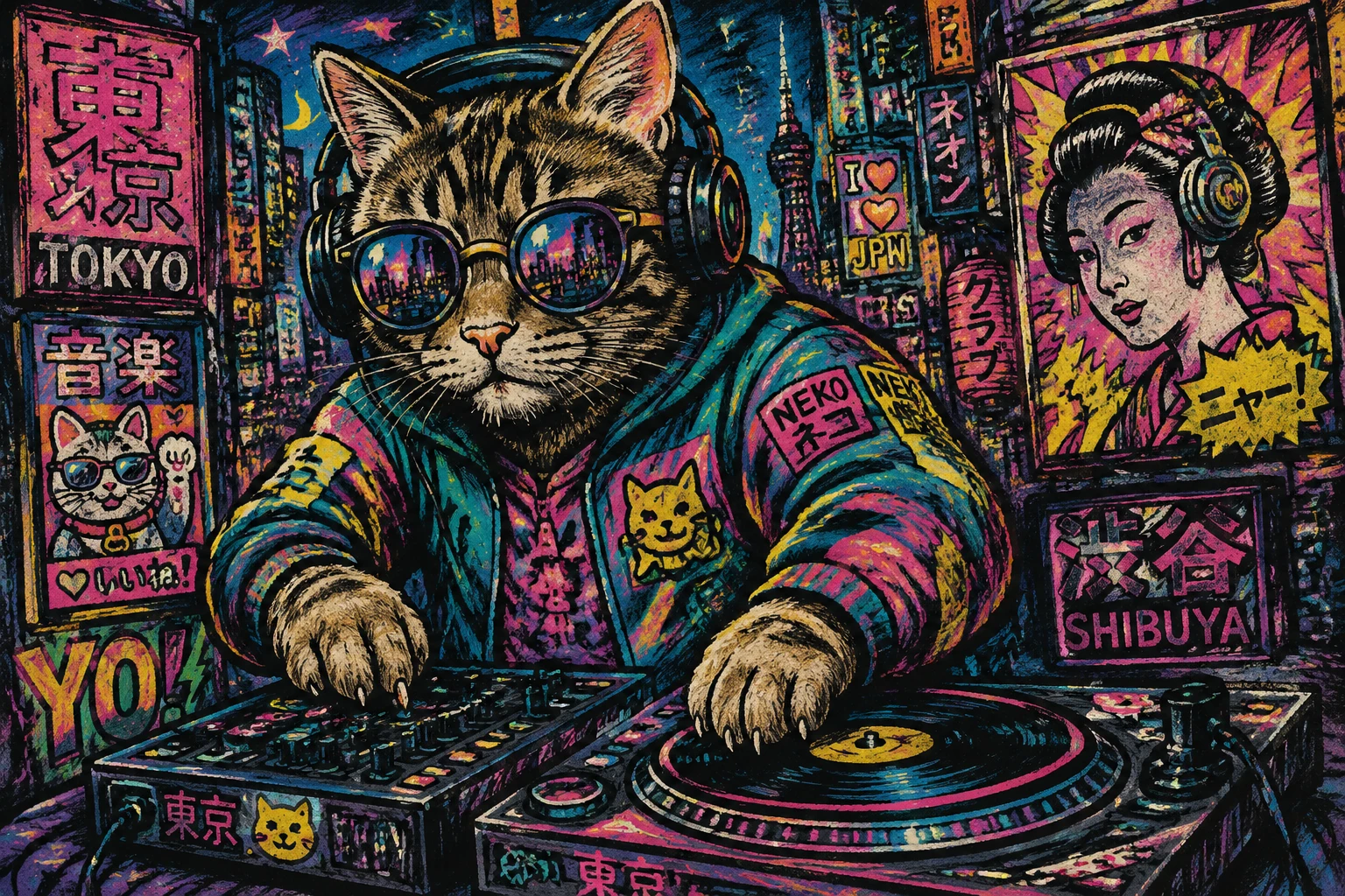 Pop art chalk drawing of a cat DJ in cyberpunk Japan