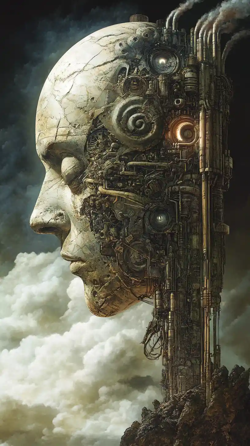 Intense sci fi vision of man and metal after apocalypse