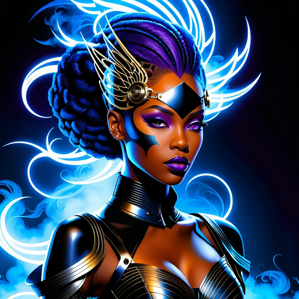 Cyberpunk outlaw woman in neon dystopian cityscape