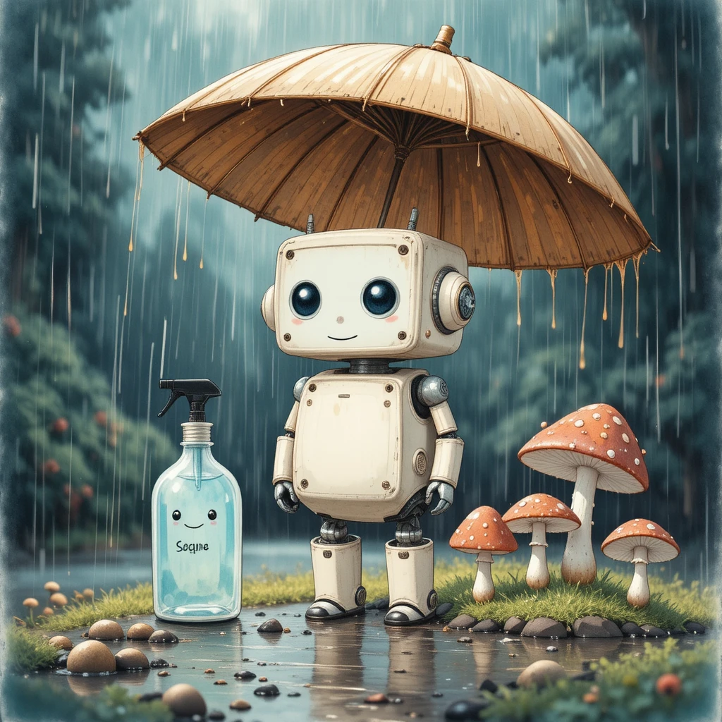 Small robot with umbrella in a gentle rainy scene