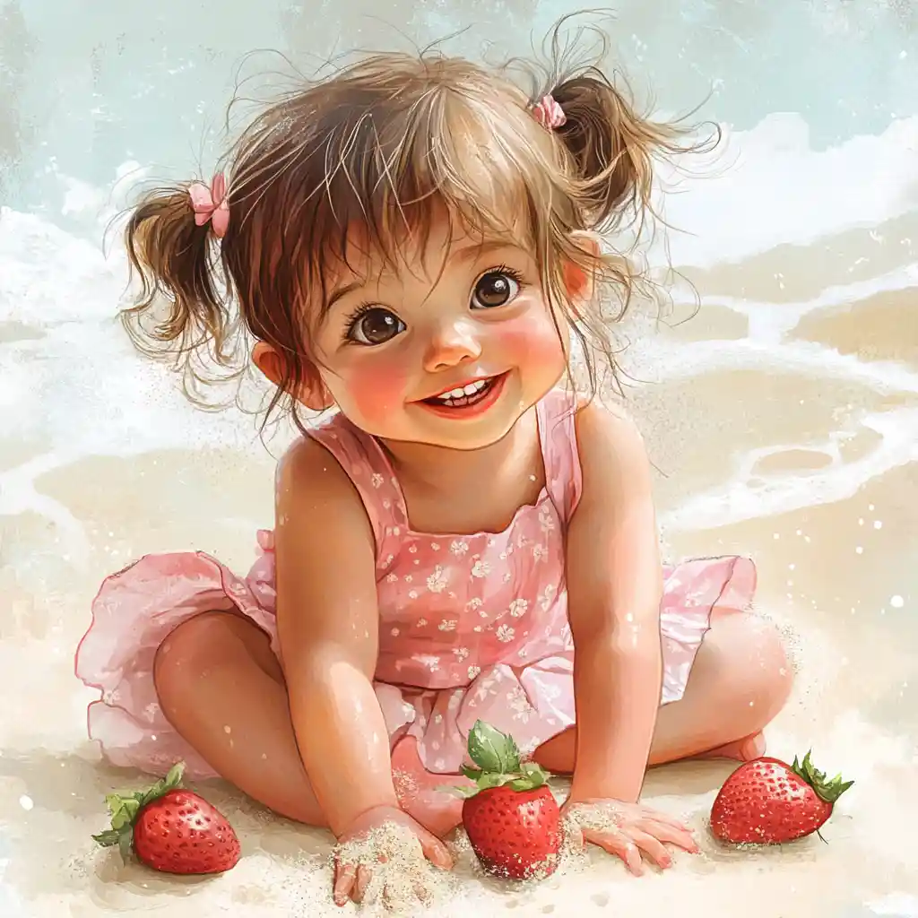Toddler girl collecting seashells on a sunny beach