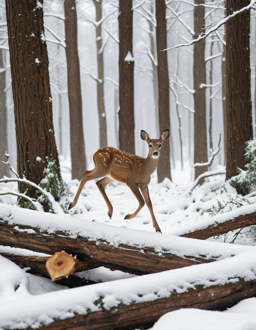 Doe leaping over snowy log in winter forest