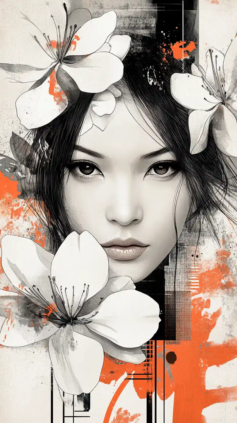 East Asian woman portrait with ink and floral elements