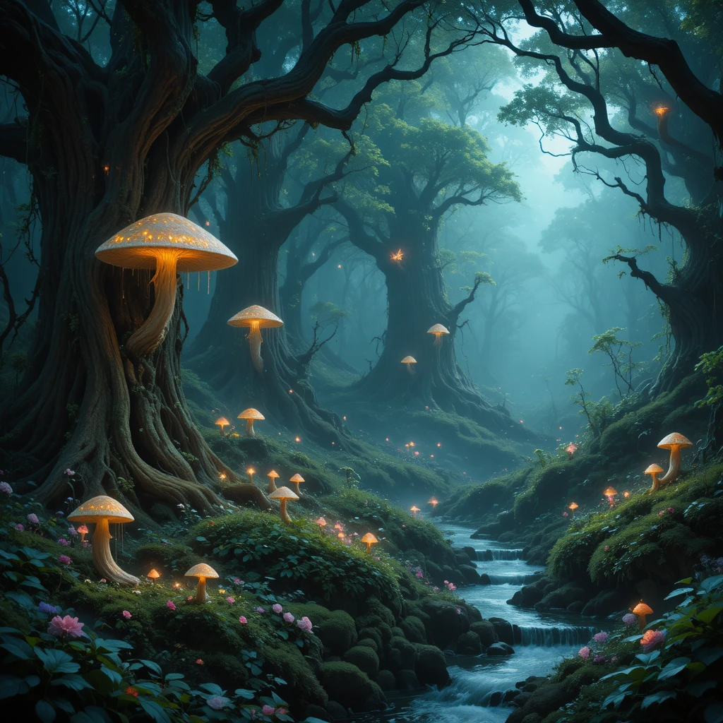 Enchanted forest grove with glowing fungi and fairies