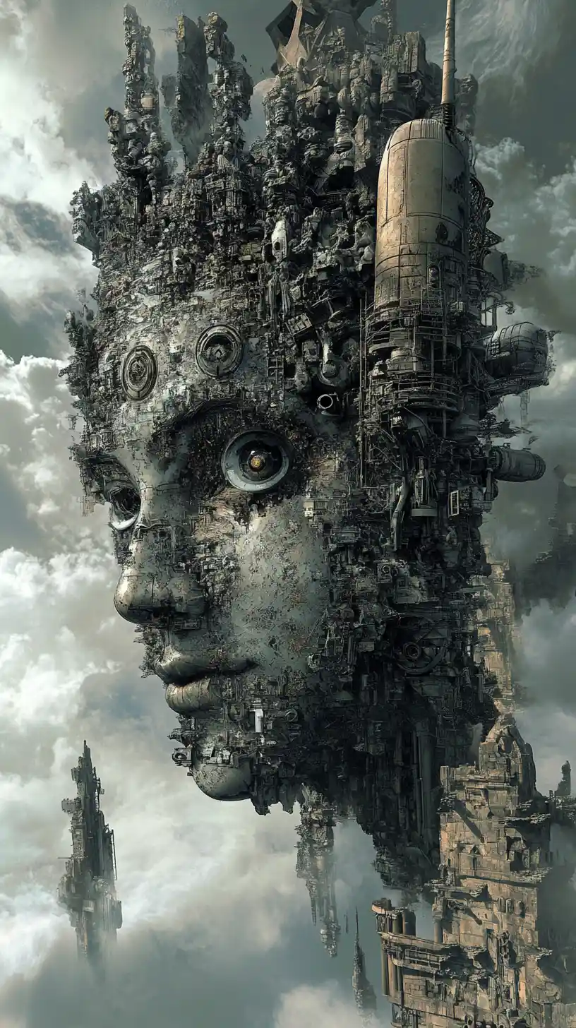 Menacing sci fi scene with man and metal fused forms