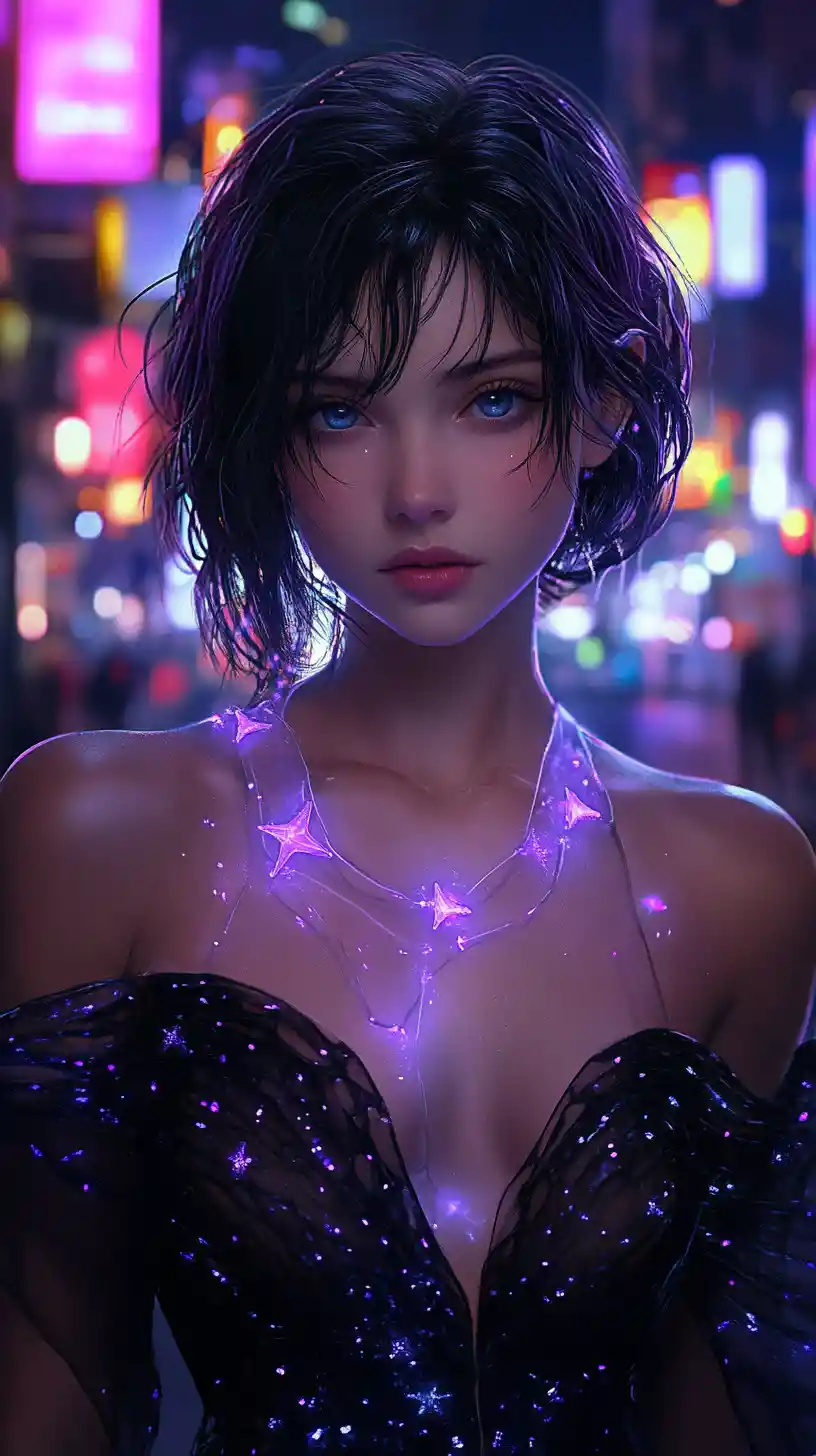 Anime girl with glowing purple magic on city street