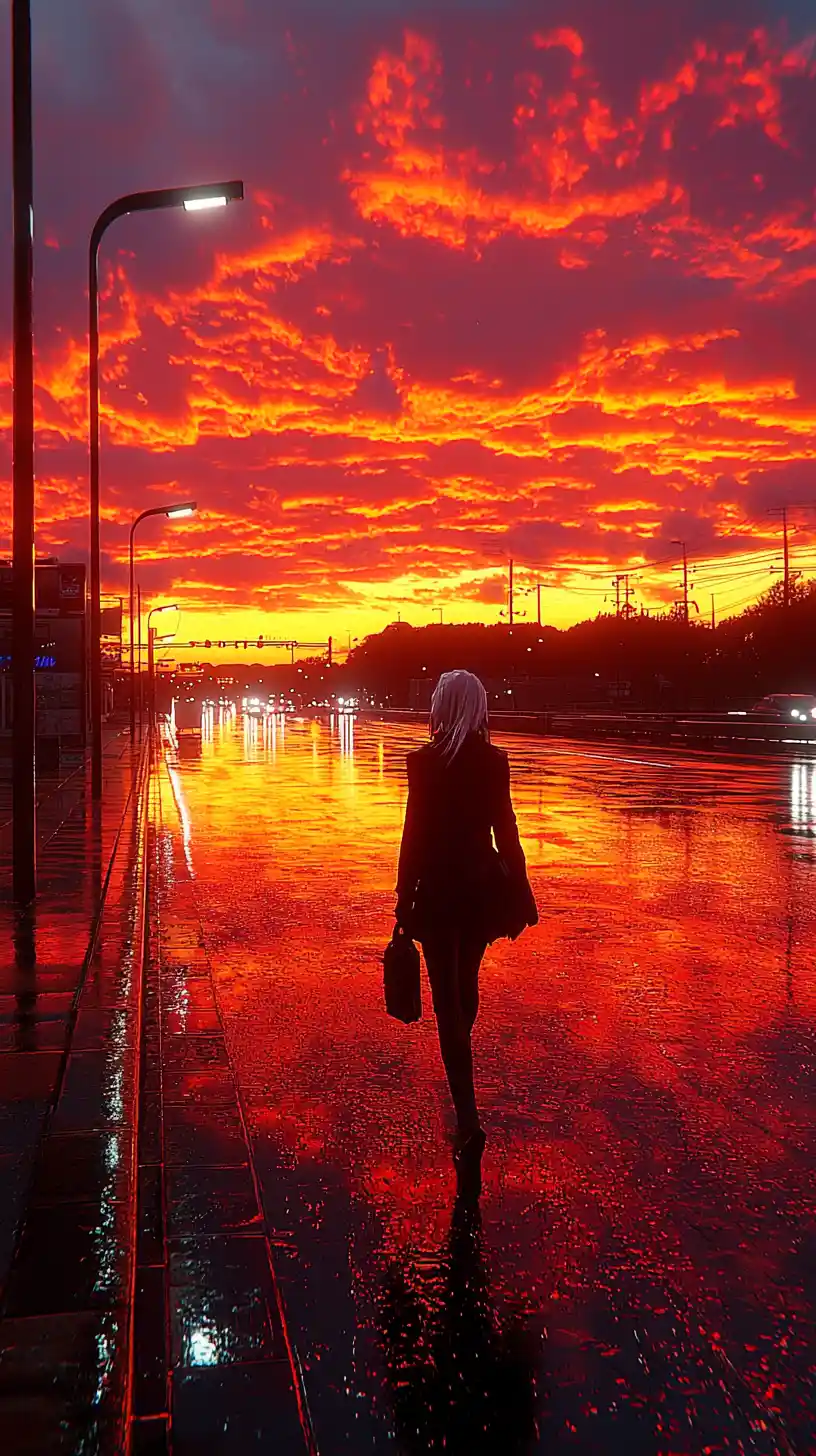 Anime girl portrait in a glowing sunset sky
