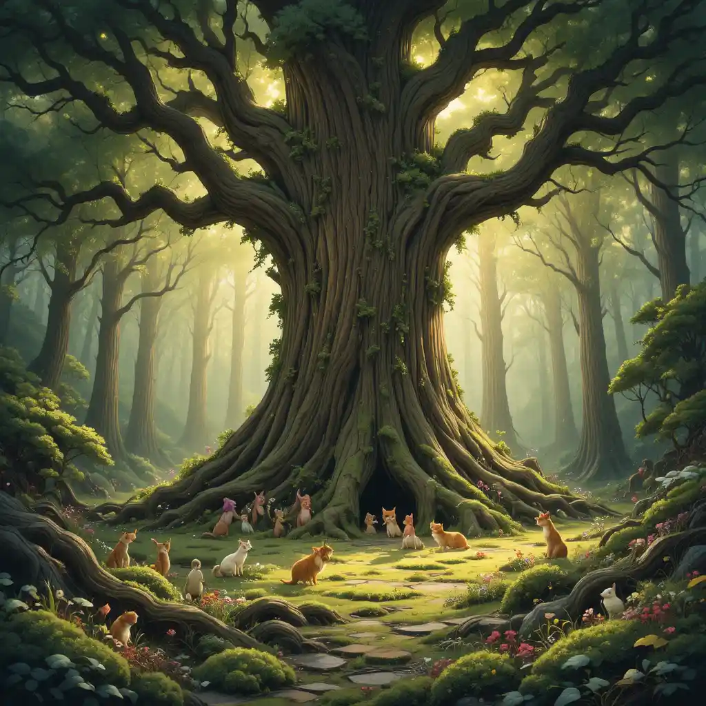 Tiny woodland creatures around an ancient oak tree