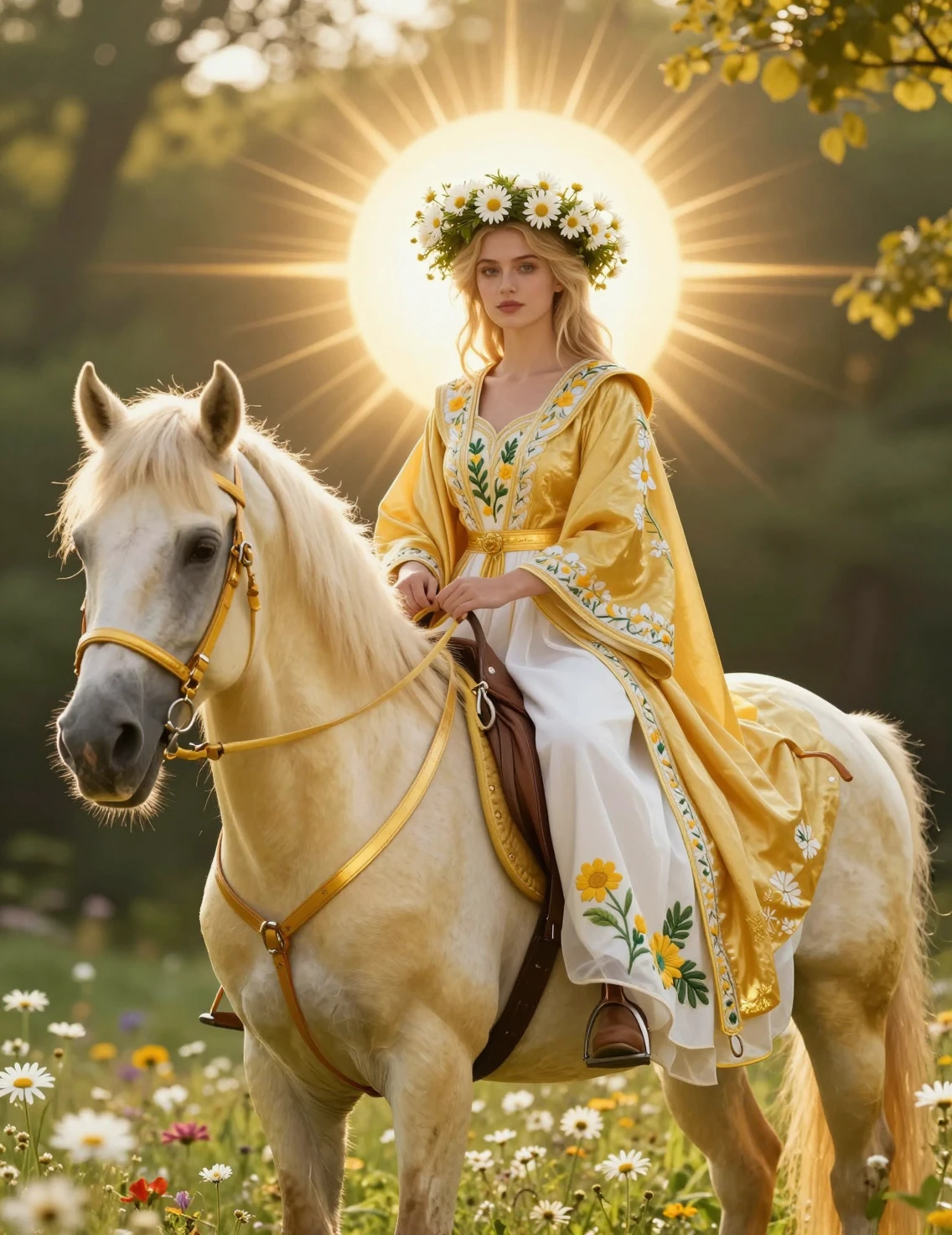 Summer goddess on horseback crowned with daisies