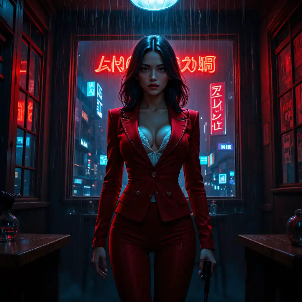 Crime boss woman in red suit in smoky gambling den