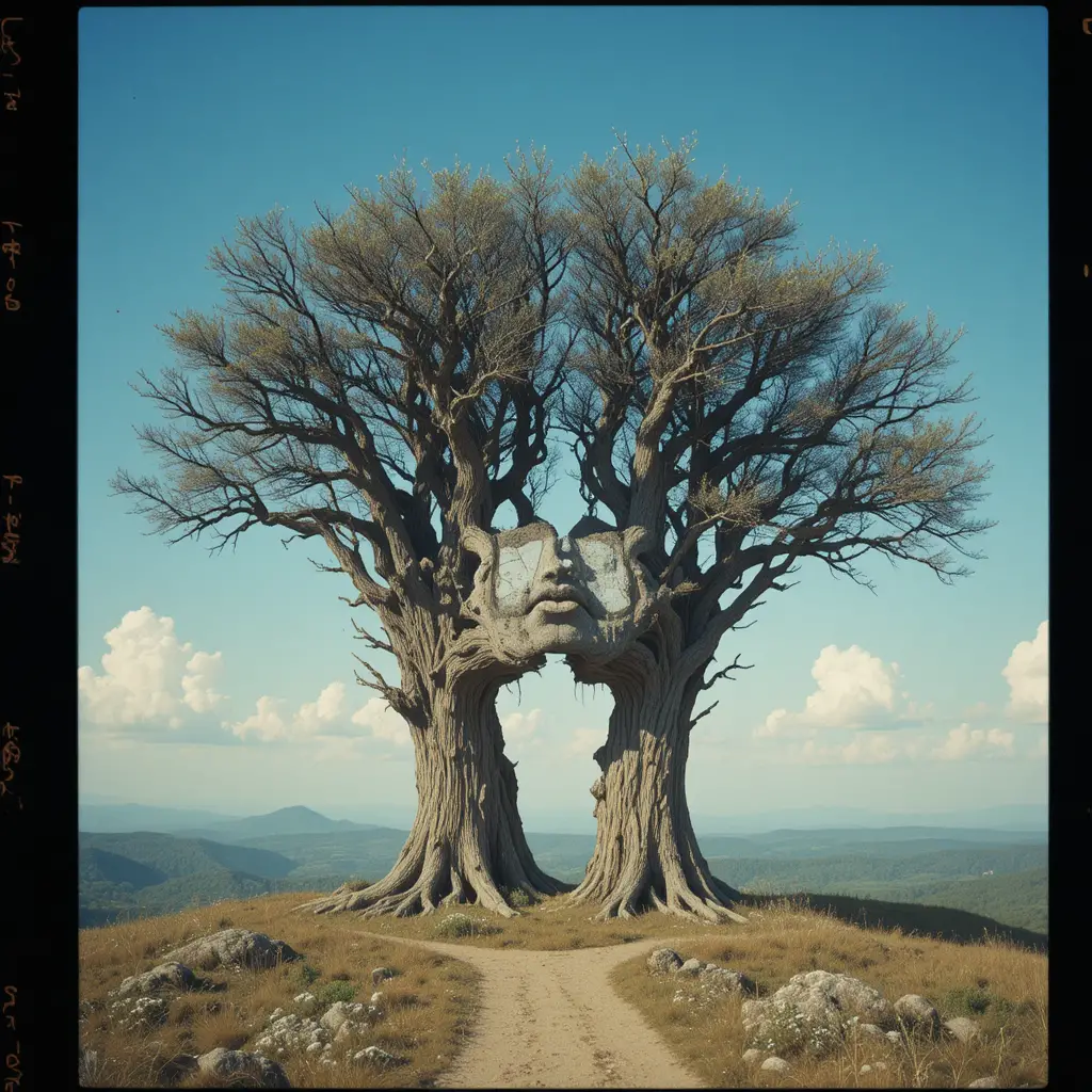 Antichi alberi intrecciati che formano un dolce volto umano