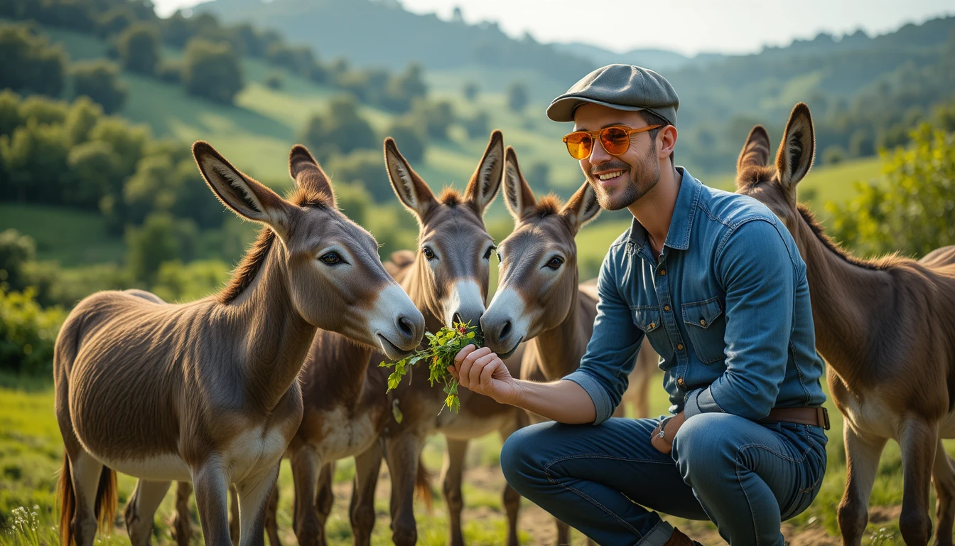 Man feeding donkeys in a green rural hillside landscape