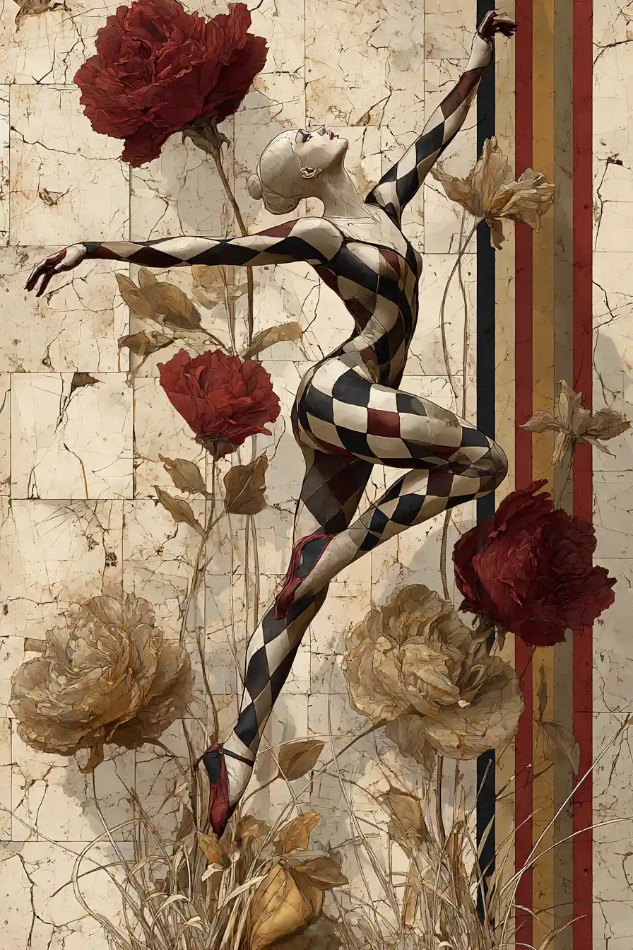 Abstract dancer in checkered bodysuit with stylized red flowers