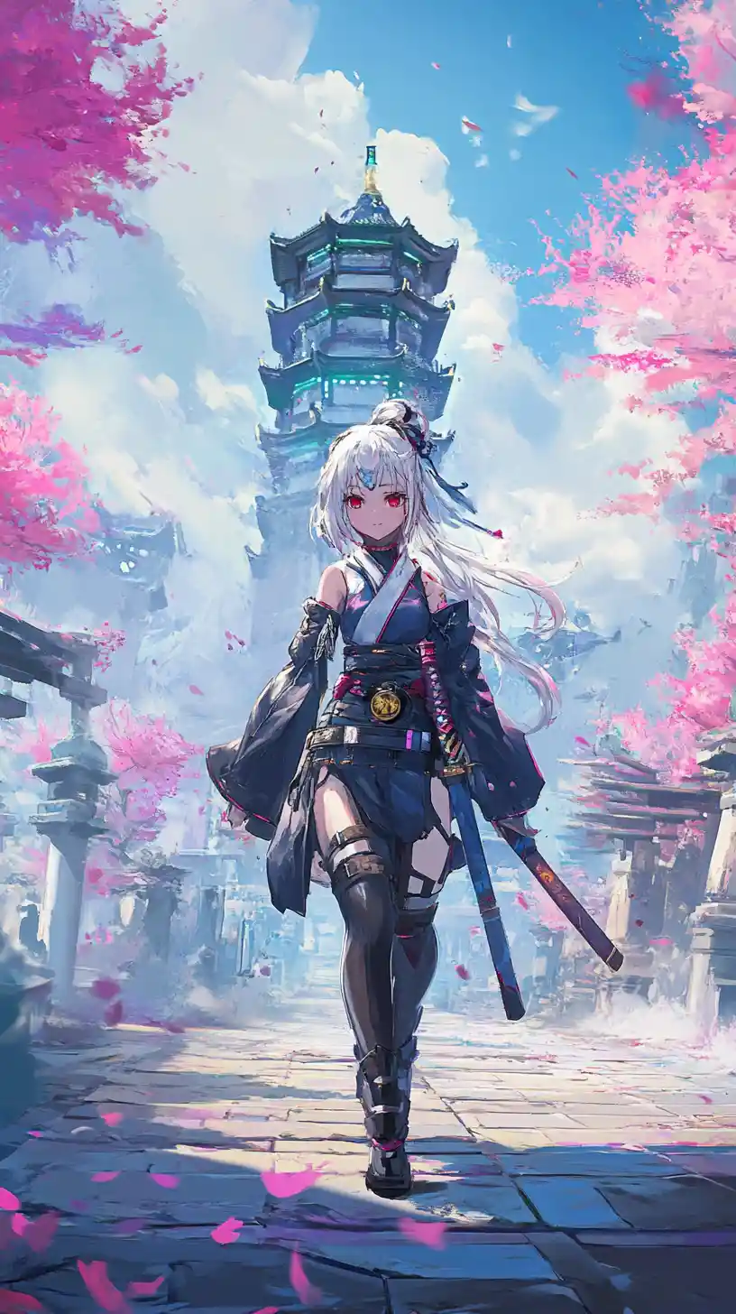 Anime girl approaching a glowing concrete tower in storm