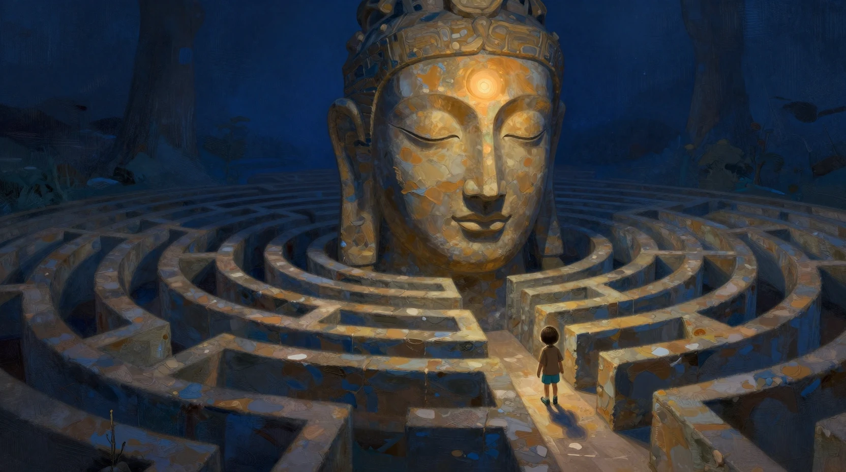 Child in a colossal stone face labyrinth fantasy scene