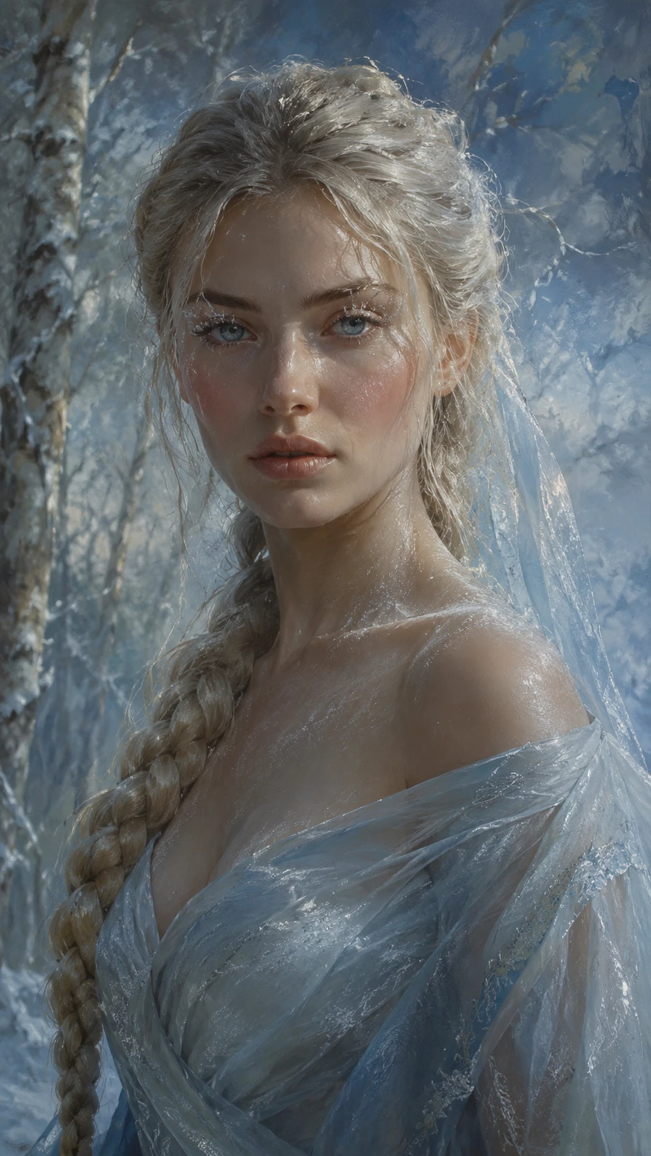 Hyperborean maiden in a close up winter forest portrait