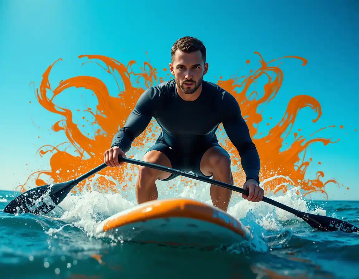 Athletic man paddleboarding on choppy blue water outdoors