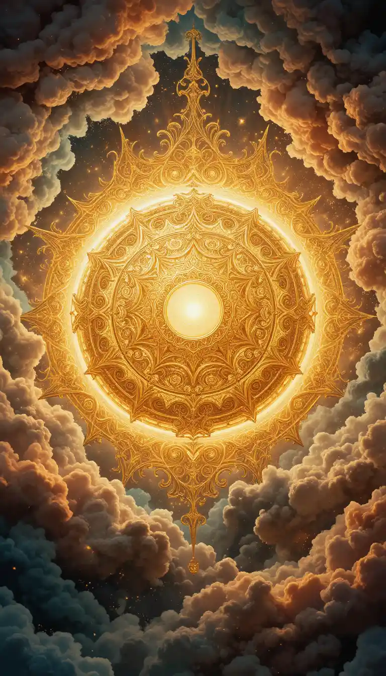 Radiant golden sun blazing amid swirling cosmic clouds