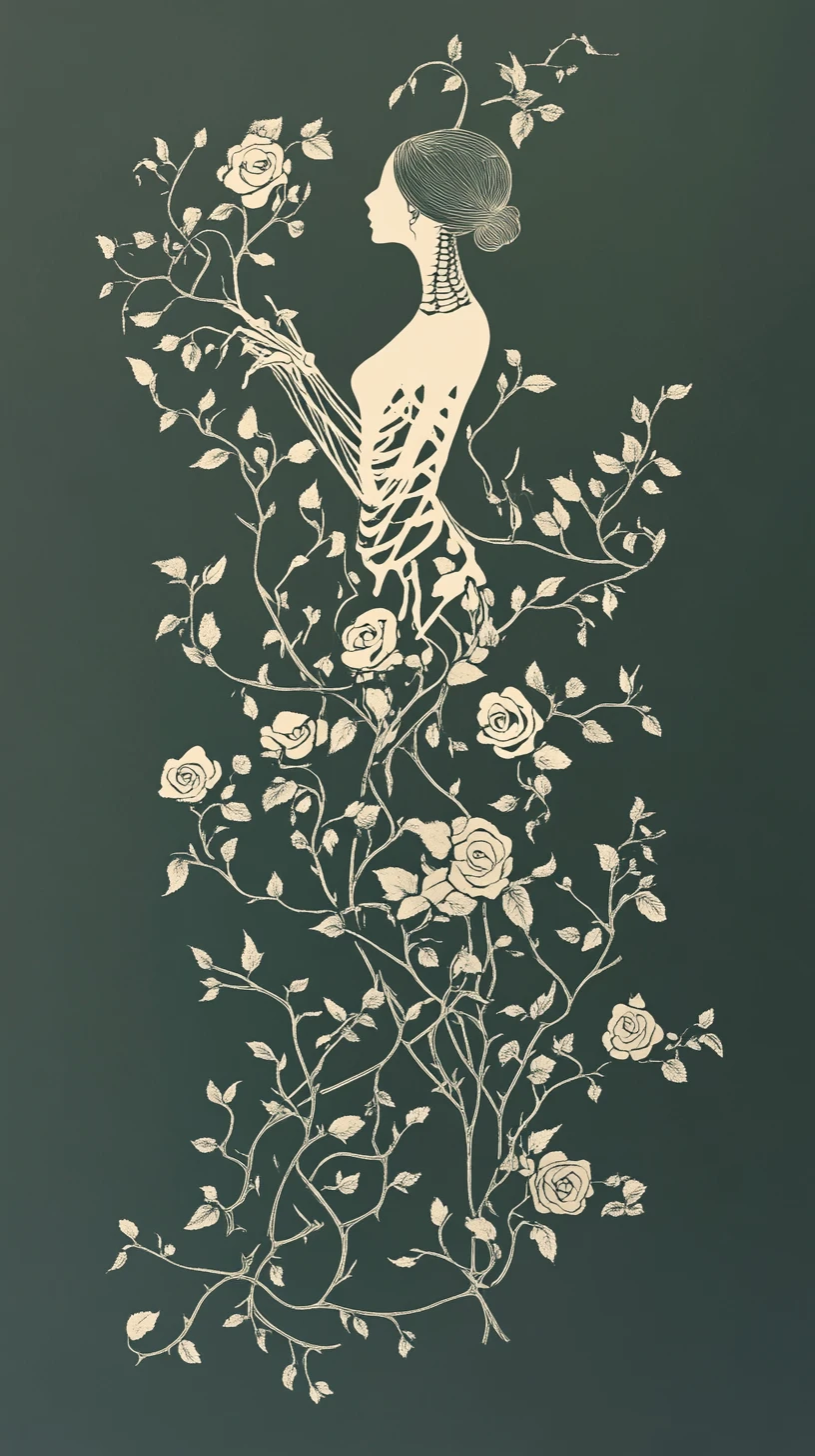 Serene woman entwined with abstract vines and roses