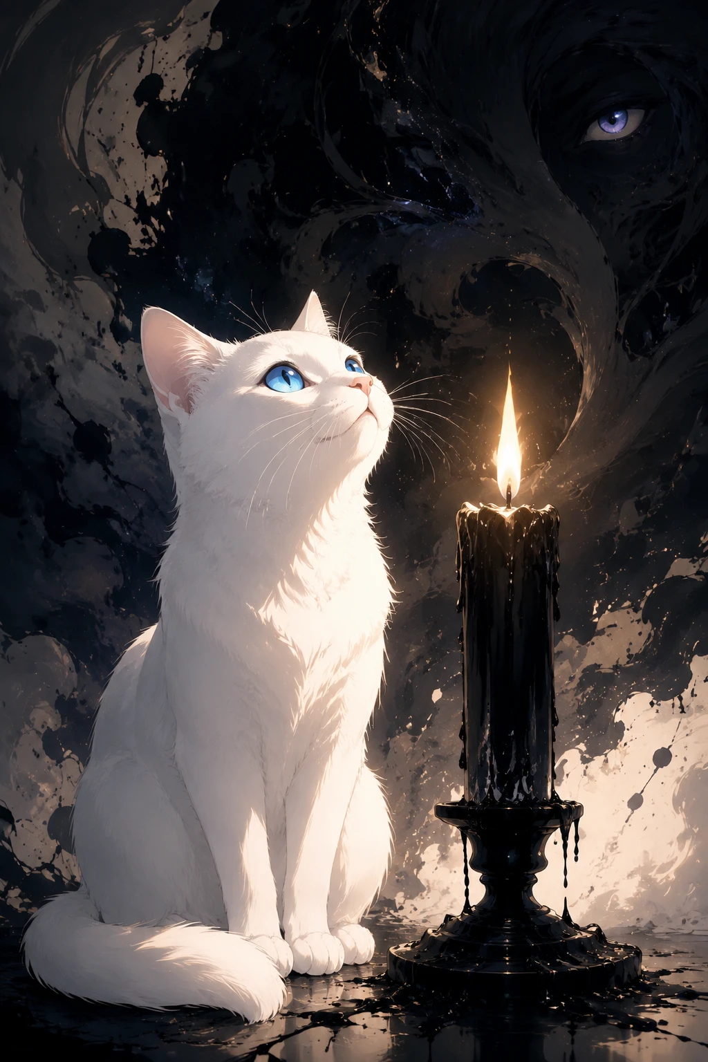 White anime cat with a single glowing black candle