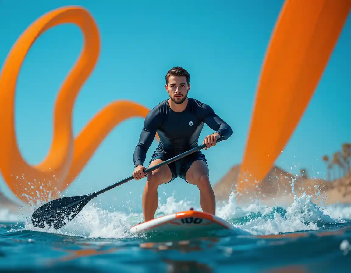 Athletic man paddleboarding on choppy blue water in sunlight