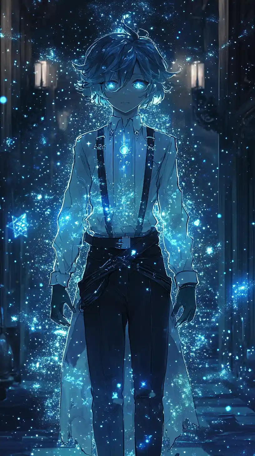 Anime archivist with luminous eyes in cosmic constellations