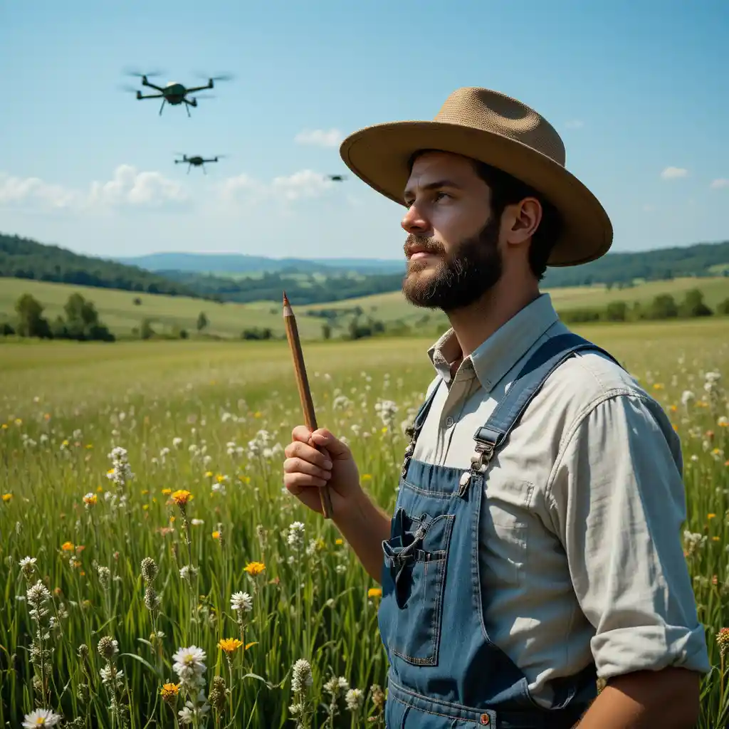Farmer Portrait In Green Fields Under Clear Blue Sky