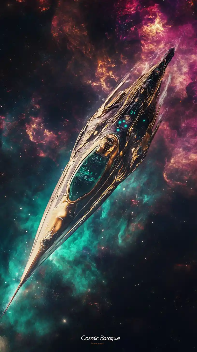 Luxurious spacecraft gliding through a glowing cosmic nebula