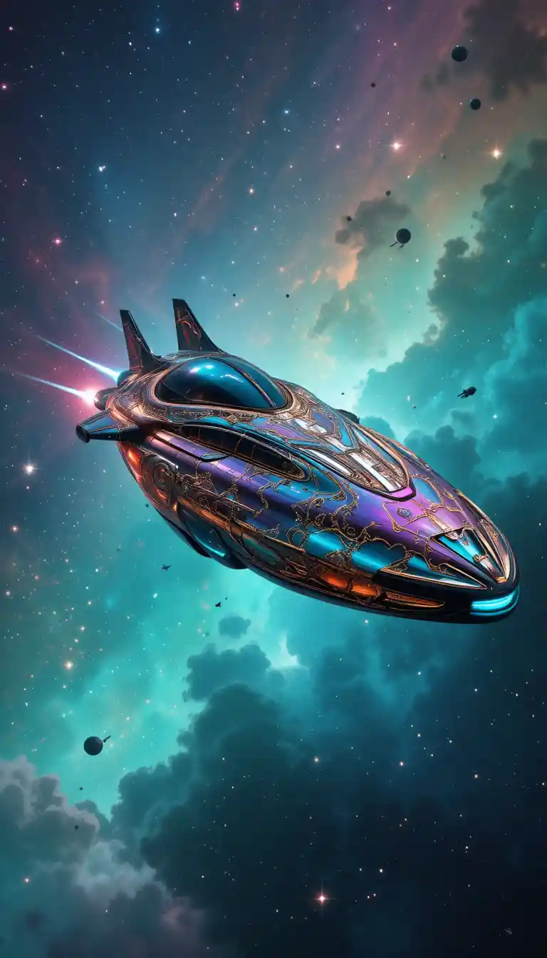 Luxury spacecraft gliding through a glowing cosmic nebula