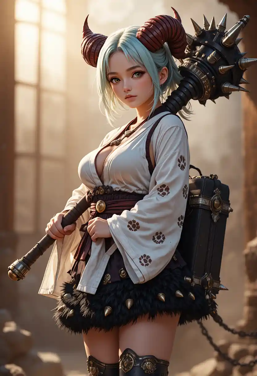 Full body anime warrior woman in furred boots facing front