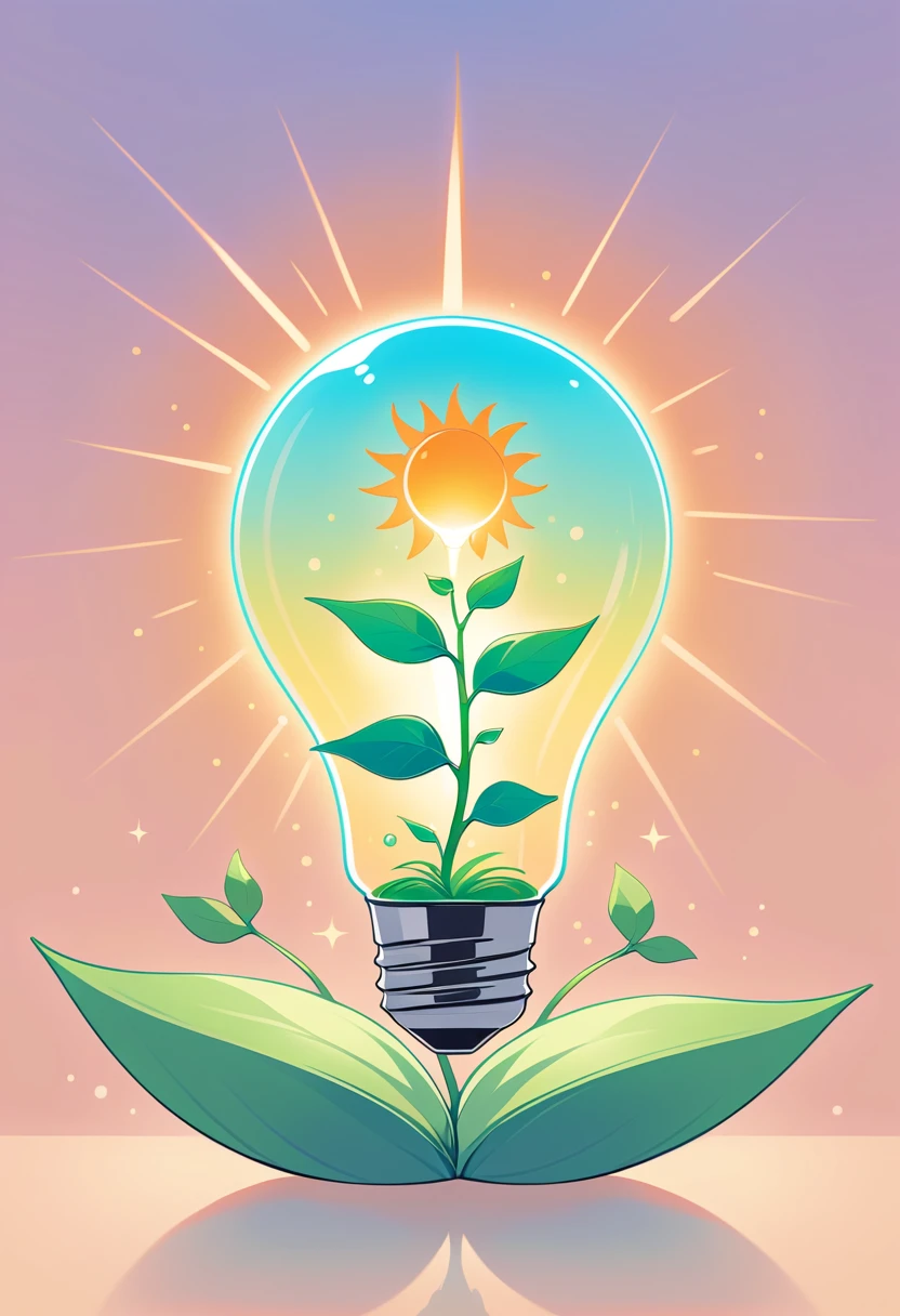Floating light bulb with smiling sun and green sprout