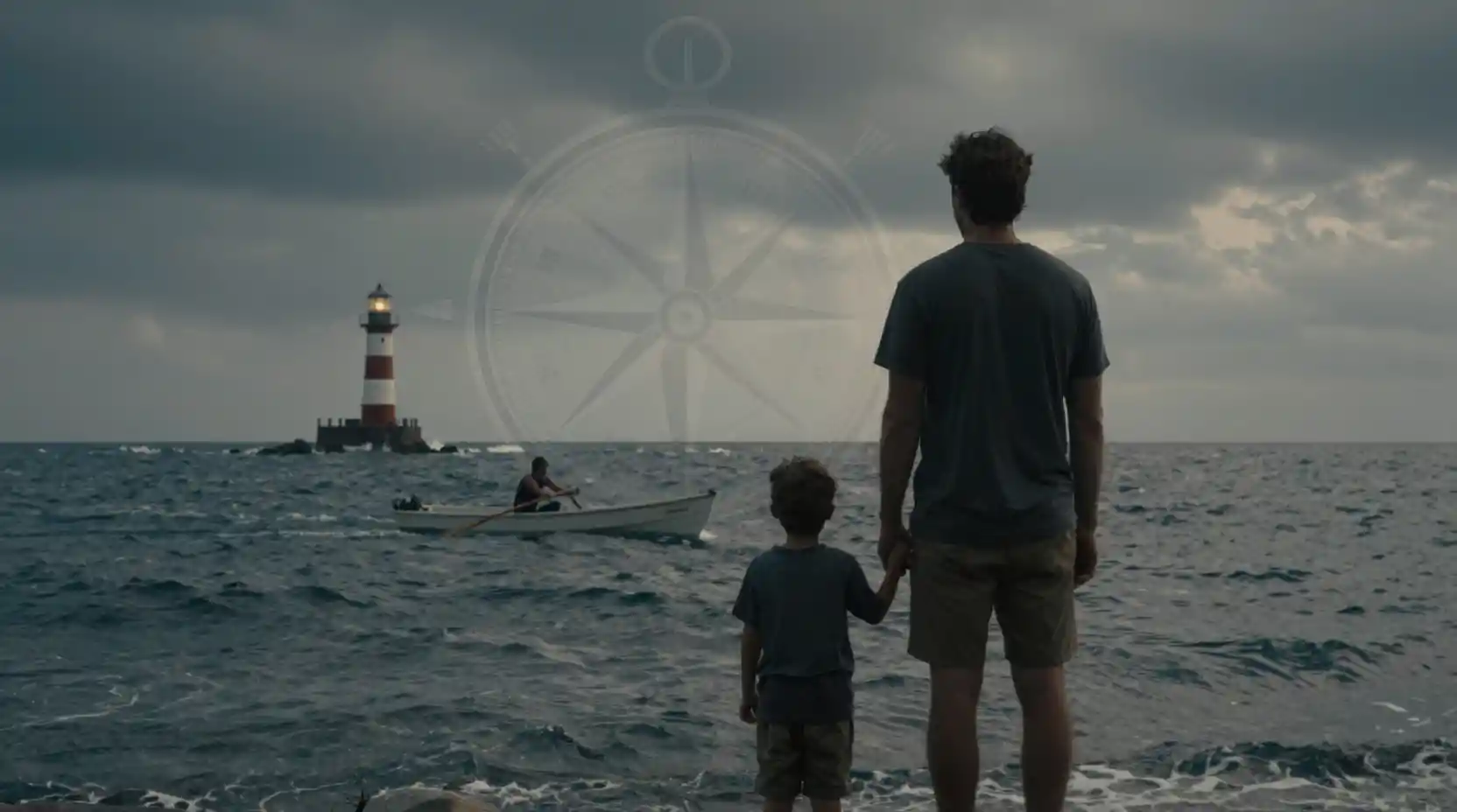 Father And Son Silhouette Overlooking The Vast Ocean