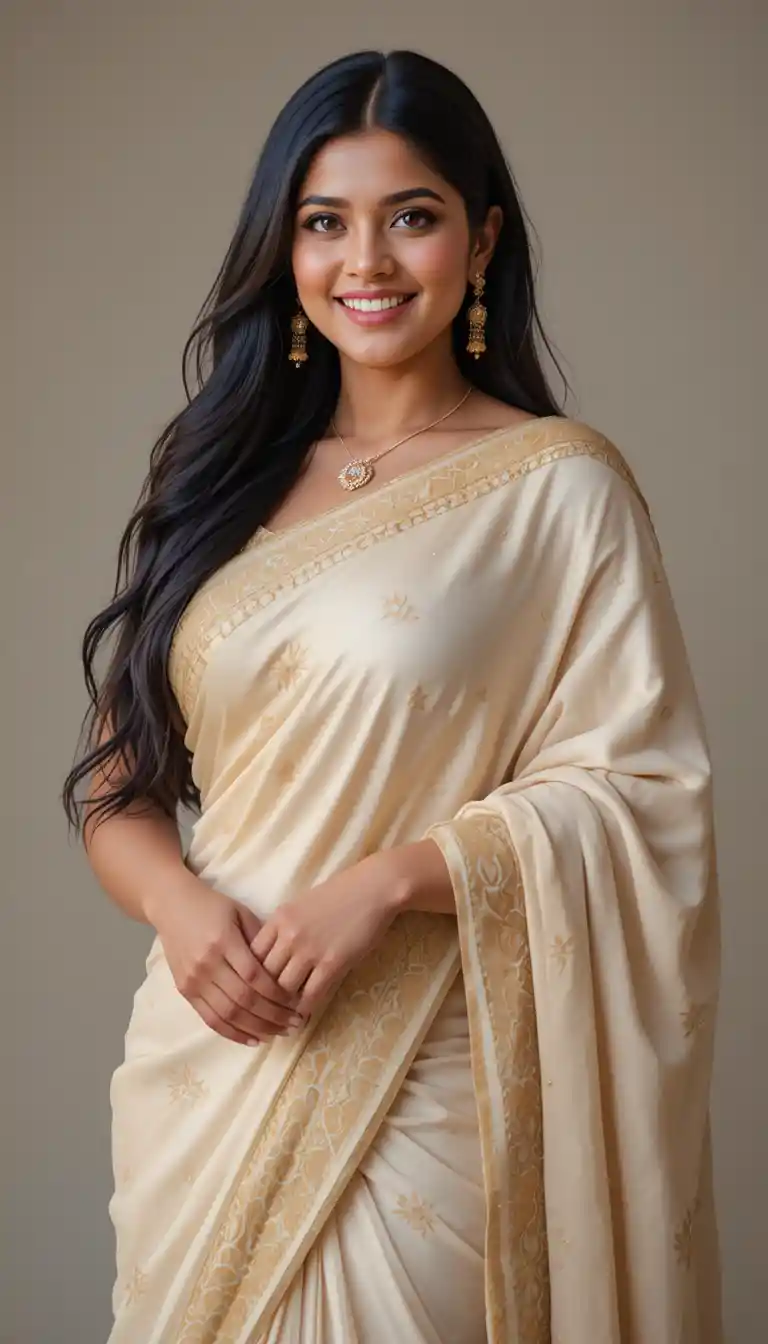 Confident Indian woman standing tall with a bright warm smile