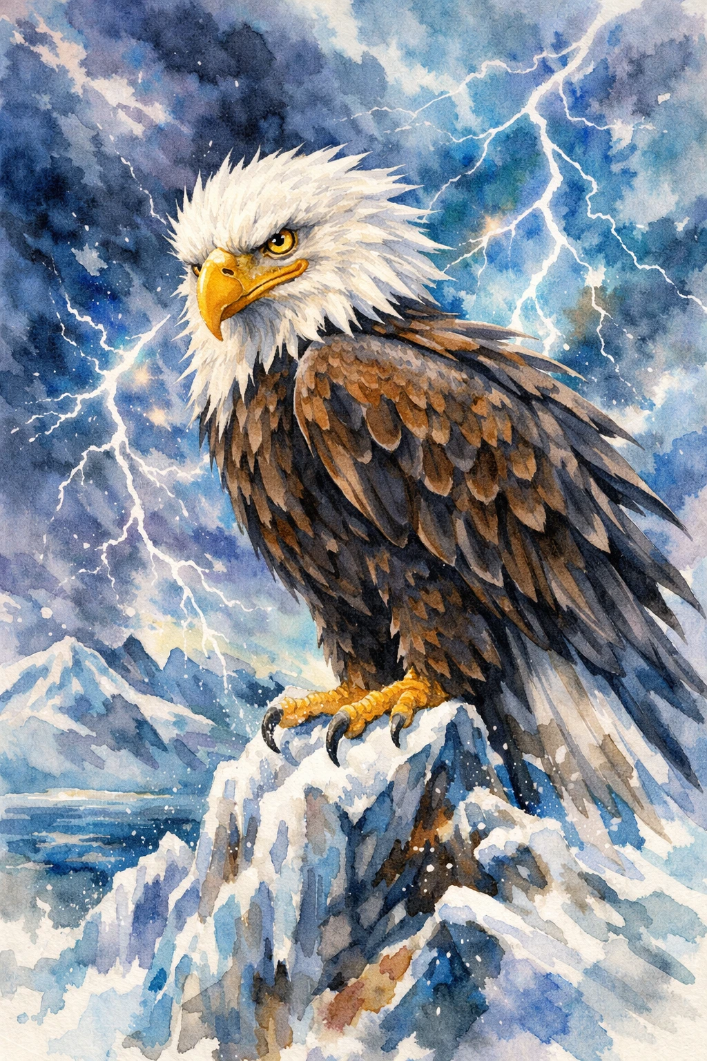Watercolor eagle on icy cliff under stormy arctic sky