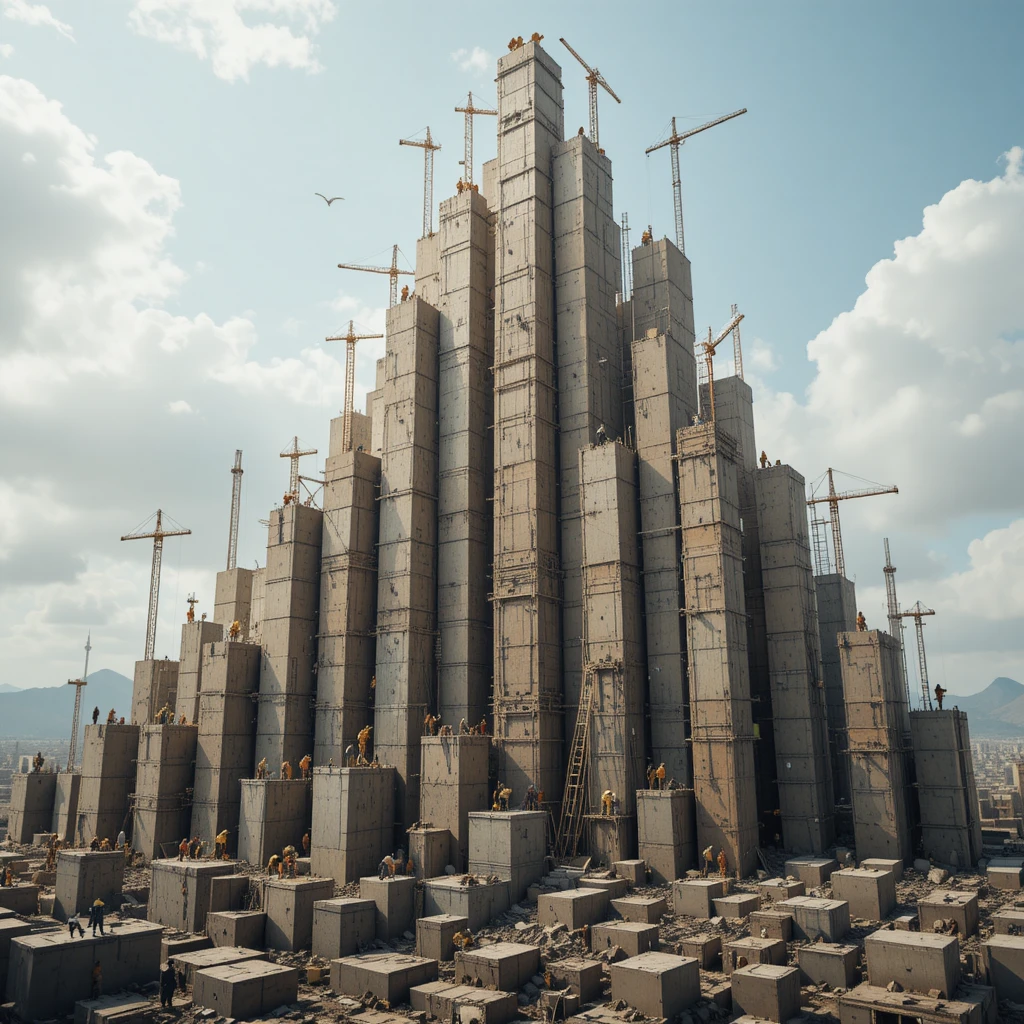 Workers reinforce a towering central bar chart structure