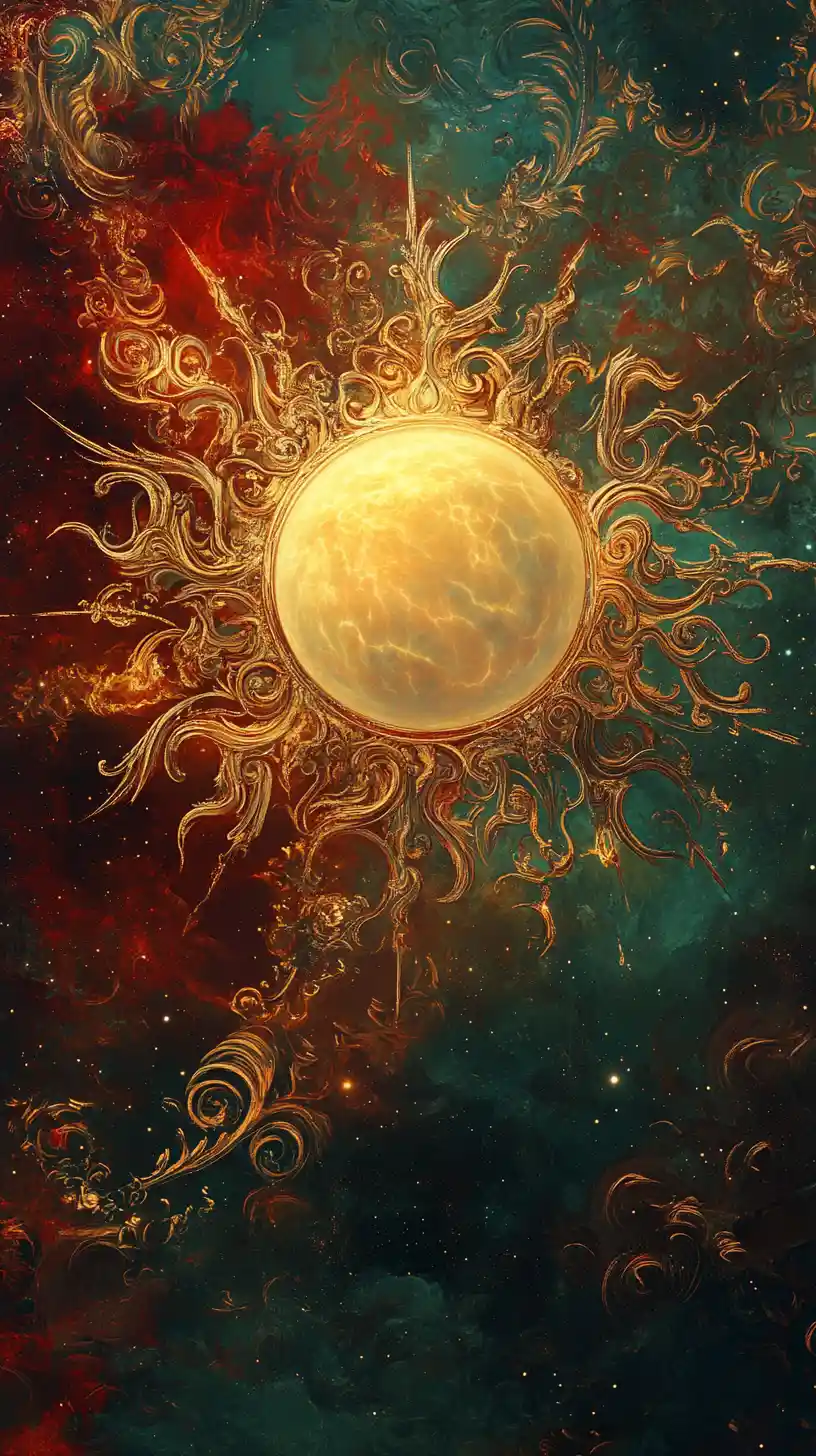 Radiant golden sun amid swirling celestial clouds