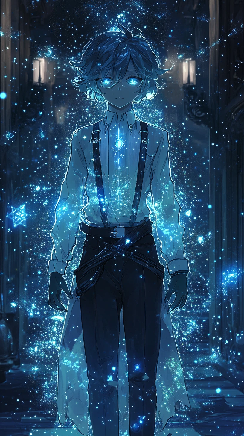 Anime archivist with luminous eyes in cosmic constellations