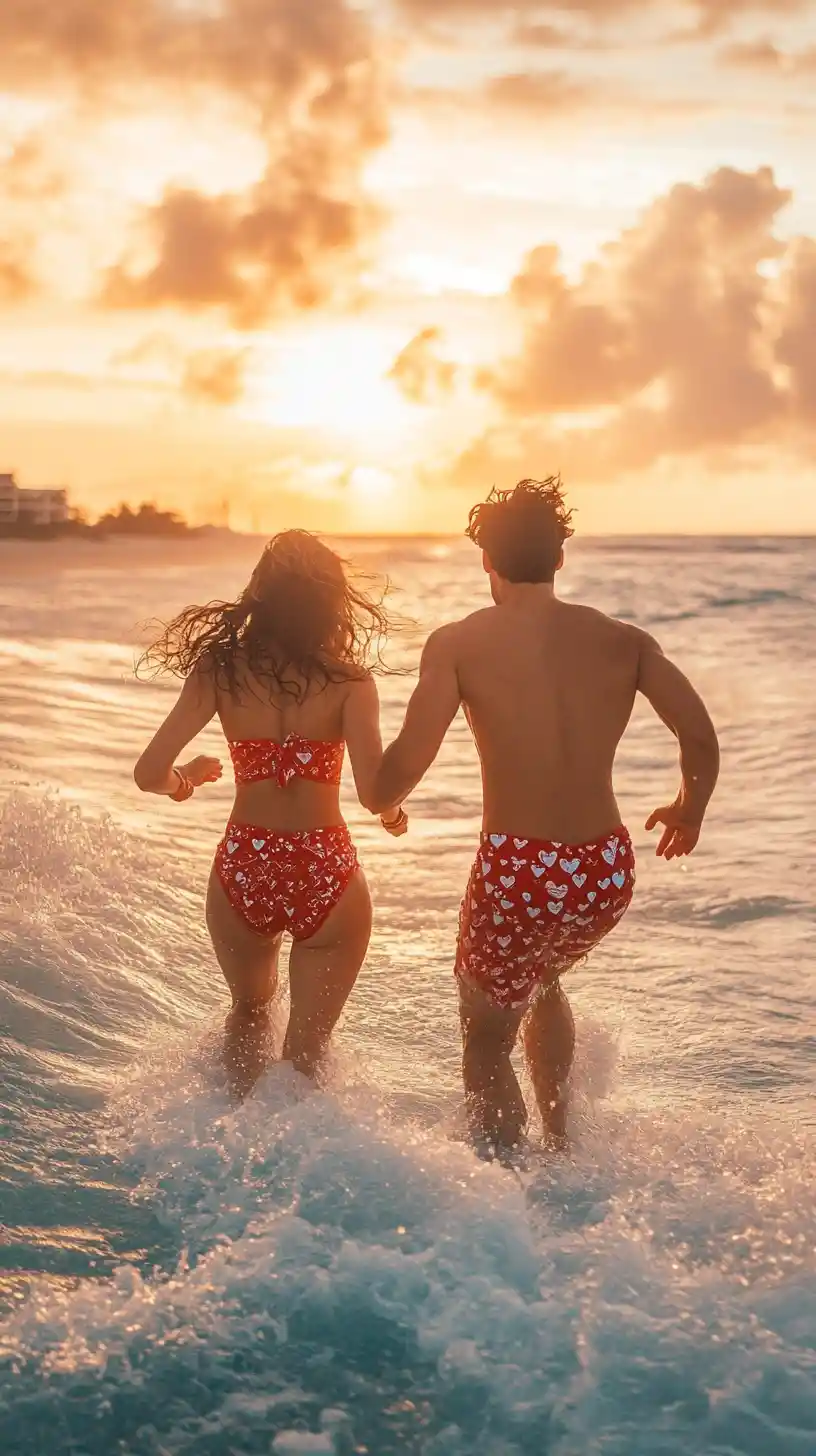 Romantic couple running through ocean waves at sunset