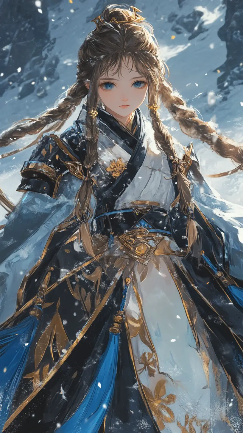 Golden haired warrior woman in ornate armor with sword