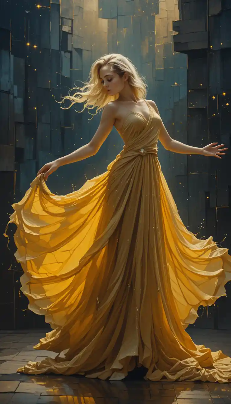 Ecstatic blonde woman spinning in golden flowing dress