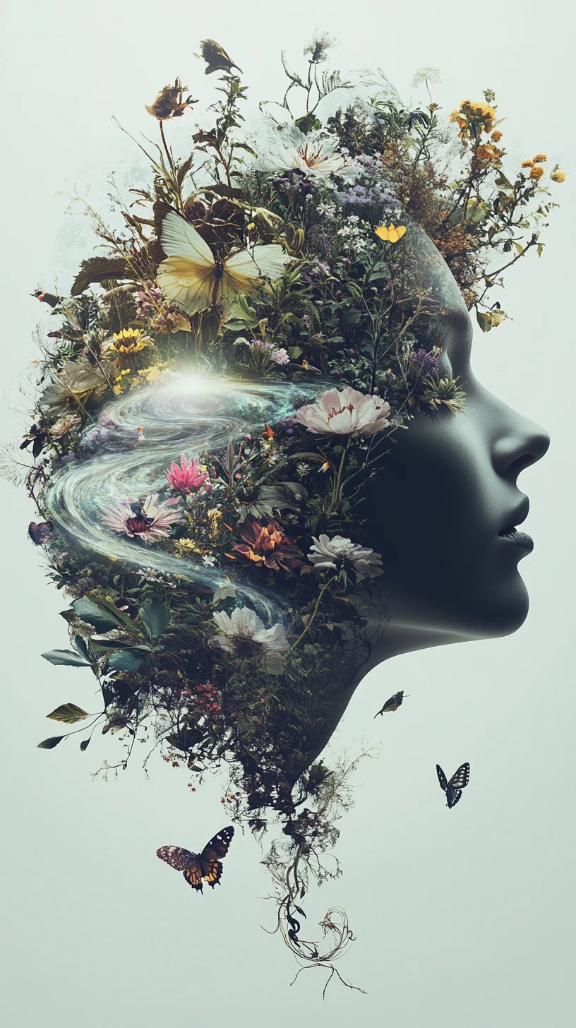 Surreal human silhouette filled with fairytale garden